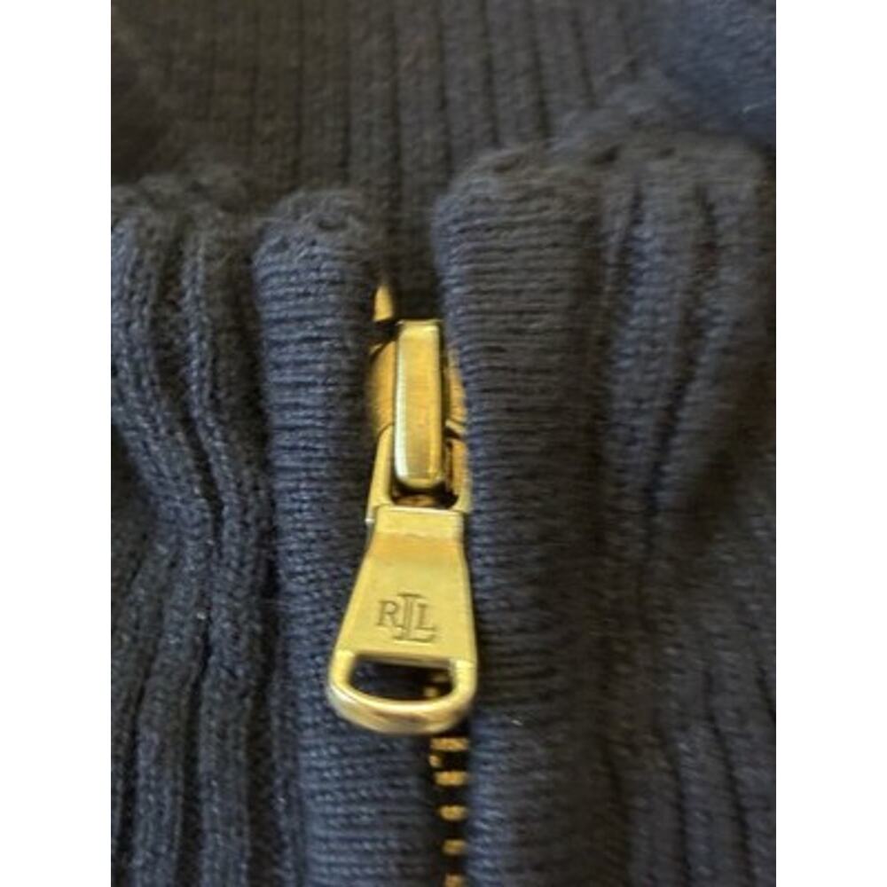 VTG Ralph Lauren Black Cable Knit Cardigan Gold Crest Full Zip Sweater Mock Med - Picture 9 of 16
